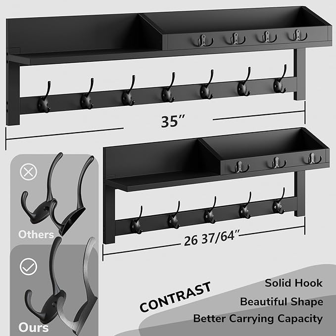 AMBIRD 35 inch Wall Hooks with Shelf, Coat Rack Wall Mount, Large Coat Hanger for Wall, Entryway Shelf with 7 Dual Coat Hooks, 4 Key Hooks and Mail Organizer, Wooden Key Holder Rack (Black)