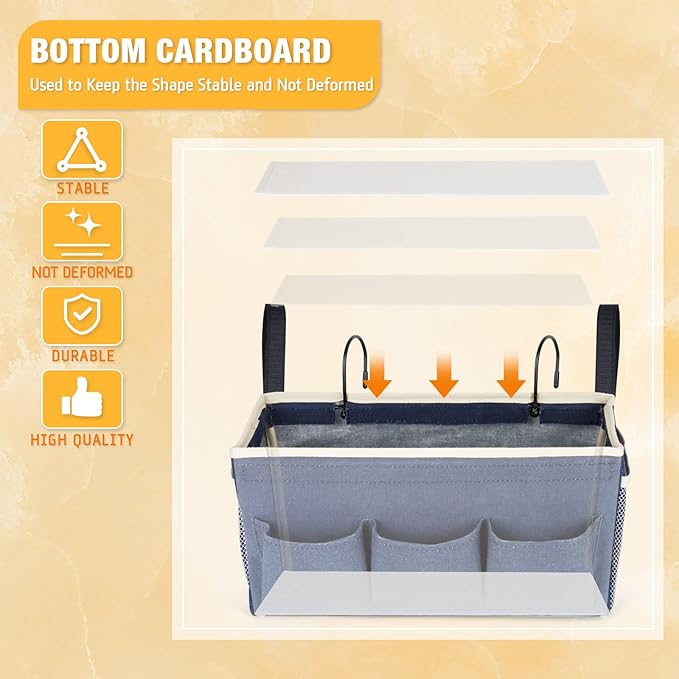 Bedside Caddy Bedside Organizer Bedside Storage Caddy with Fixed Straps and Water Bottle Holder for Home College Dorm Bunk Bed Hospital Bed Crib Bed Rails (2pcs Navy Blue)