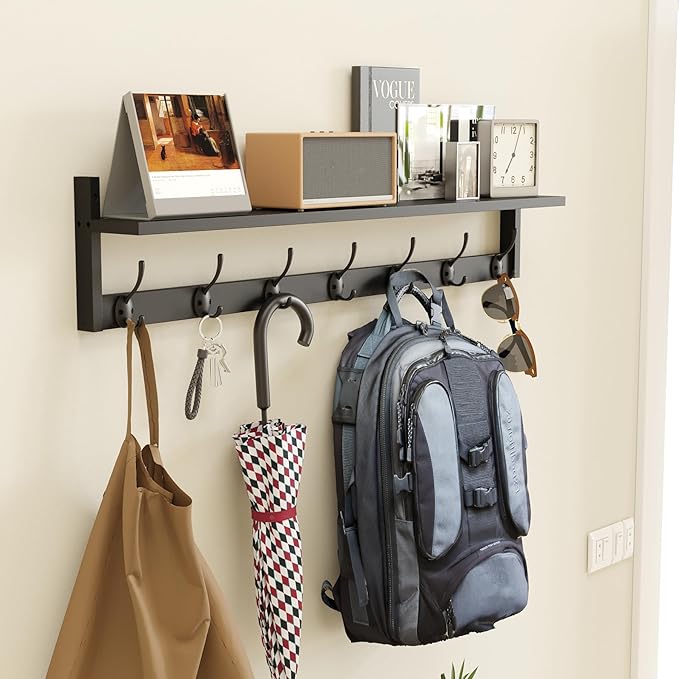 BAMEOS 35 Inch Wall Hooks With Shelf - Entryway Hanging Wood Coat Rack With 7 Dual Hooks for Bathroom, Living Room, Bedroom (Black)