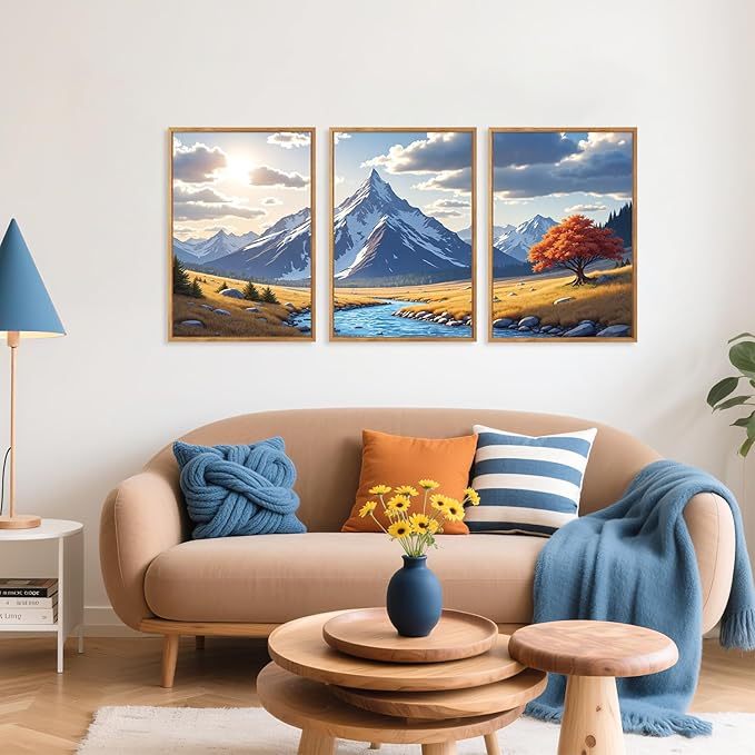 HPNIUB Landscape Mountain Wall Art Set, Rustic River Sunrise Pine Tree Forest Nature Scenry Wilderness Art Print, Farmhouse Grassland Modern Sky Decorative for Living Room, Bedroom, Office-16 x24 x3