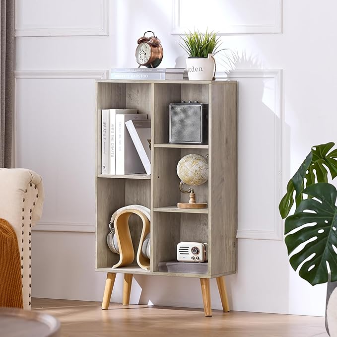 5 Cube Small Bookshelf,3 Tier Mid-Century Modern Bookcase with Legs,Wood Bookshelves Storage Organizer Shelf,Free Standing Narrow Book Shelves,Rustic Grey Corner Bookcases for Bedroom,Living Room