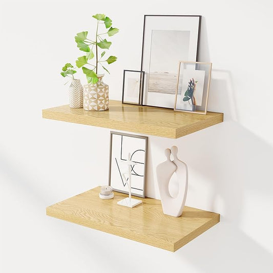 24" Floating Shelves for Wall, 12" Deep Slim Oak Floating Shelves, Wall-Mounted Shelves for Bedroom, Living Room, Kitchen, Bathroom - Set of 2