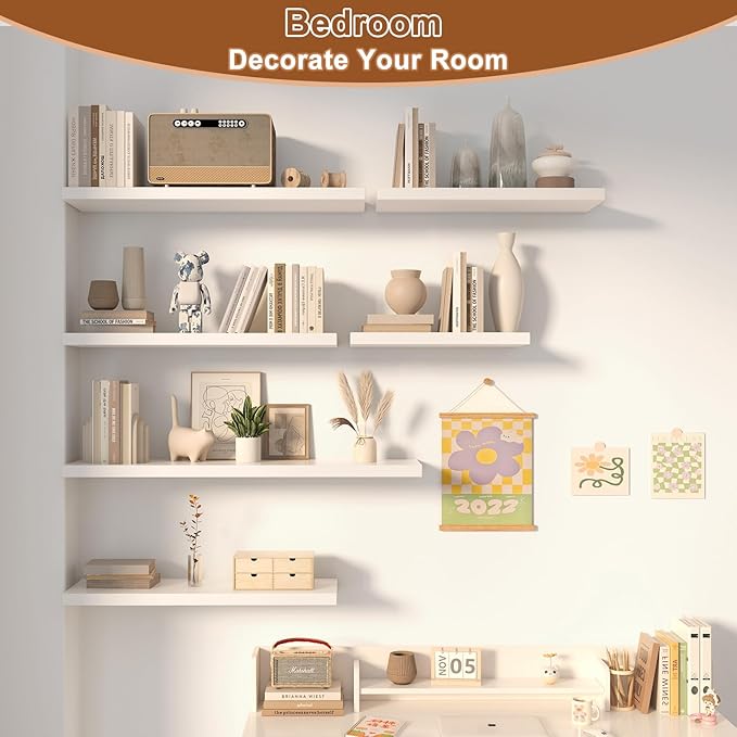 48 Inch Floating Shelf 2 Pack Large Floating Shelves for Wall No Drilling Accessories Included Deep Wall Shelves for Living Room Kitchen Farmhouse 48" W x 12" D x 1.2" White