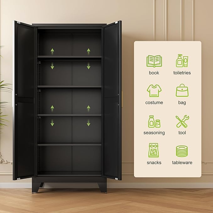 71'' Farmhouse Metal Storage Cabinet with Barn Doors,Steel File Cabinet for Home Office,Kitchen Pantry 4 Adjustable Shelves,Freestanding Cupboard for Kitchen,Home Office (Black)