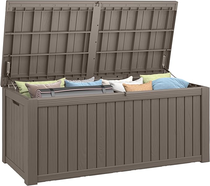 150 Gallon Resin Deck Box, Large Indoor and Outdoor Storage Box, Weatherproof and UV Resistant Outdoor Storage Box with Built-in Steel Beams for Patio, Cushions, Pool Supplies