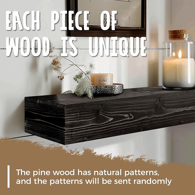 60x8x5 Fireplace Mantel - Handcrafted Hollow Rustic Solid Wood Wall Mounted Floating Shelf with Invisible Heavy Duty Wood Bracket (Weathered Black)