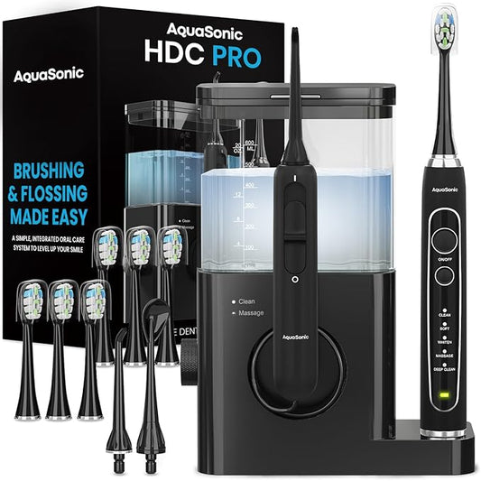 AquaSonic Home Dental Center PRO – Brushing & Flossing Made Easy – Brush & Floss – Power Toothbrush & Water Flosser – Whiter Teeth & Healthier Gums – Black Series Pro+Oral Irrigator