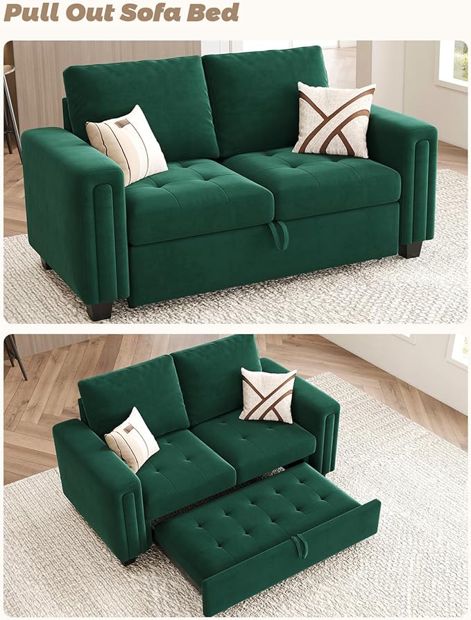 Belffin Modular Sectional Sleeper Sofa with Pull Out Couch Bed Modular Sleeper Loveseat Sectional Sofa Velvet Fabric for Living Room Apartment Green