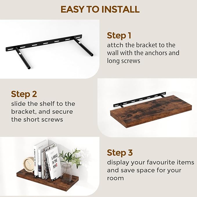 40 Inch Floating Shelvese, 40" W x 9" D Floating Shelf Set of 2, Farmhouse Wood Wall Shelves for Bedroom, Kitchen, Wall Mounted Deep Shelving for Home Decor, Rustic Brown Color