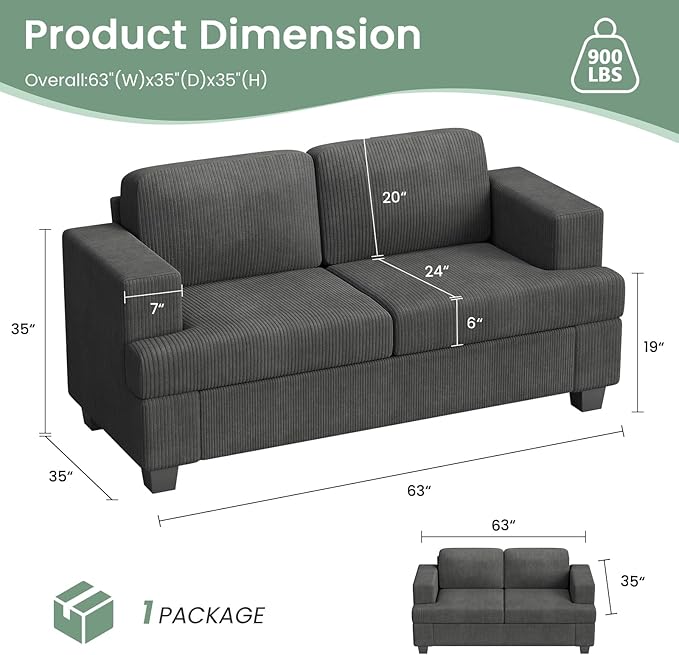 2 Pieces Corduroy Couch Set for Living Room, Black Cloud Sofa, Deep Seat Floor Couch for Bedroom, Futon Modern Sofa Sectional Bed, Black Corduroy
