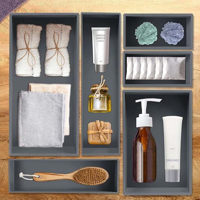 Bamboo Drawer Organizer - Kitchen Utensil Organizer Silverware Tray Cutlery Holder，Office Desk Supplies and Accessories,8.9 * 3 * 2.6,Grey