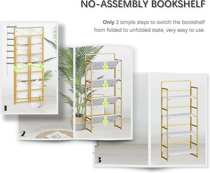 4NM No Assembly Foldable Bookshelf, 4-Shelf Collapsible Bookcase Storage for Small Spaces, 54" H, White and Golden