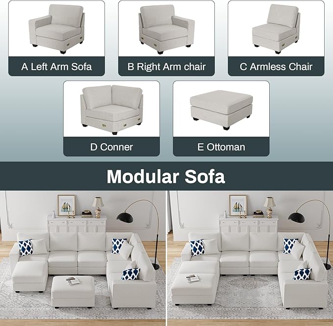 L Lengend Vansen Modular Sectional Sofa U Shaped Couch with Ottoman Modern Reversible Corner Sectional Couch for Living Room (Cream, U Shaped Sofa-3)