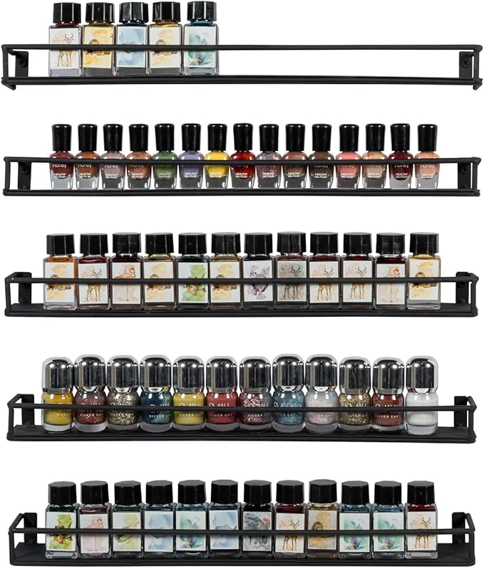 MyGift 16 Inch Wall Mounted Black Metal Nail Polish and Essential Oil Display Shelves, Kitchen Hanging Racks for Seasoning Shakers or Spice Jars, Set of 5