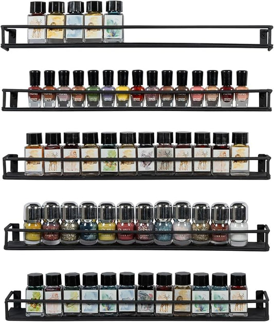 MyGift 16 Inch Wall Mounted Black Metal Nail Polish and Essential Oil Display Shelves, Kitchen Hanging Racks for Seasoning Shakers or Spice Jars, Set of 5