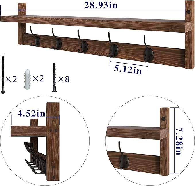 AMBIRD 28.9 Inch Length Shelf with Hooks Entryway Coat Rack Wall Mount Wood Coat Hooks with Shelf Wall-Mounted Coat Hook Rack with 5 Dual Hooks for Bathroom, Living Room, Bedroom (Brown)