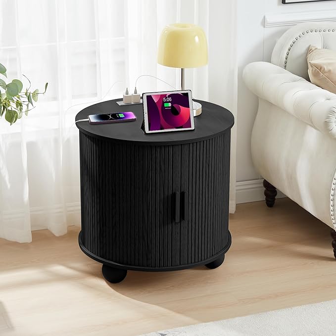 AVZEAR 24" Large Round End Table with Charging Station, Farmhouse Fluted Sofa Side Table with Sliding Tambour Door & Storage, Mid-Century Wood Nightstand for Living Room, Bedroom, Black