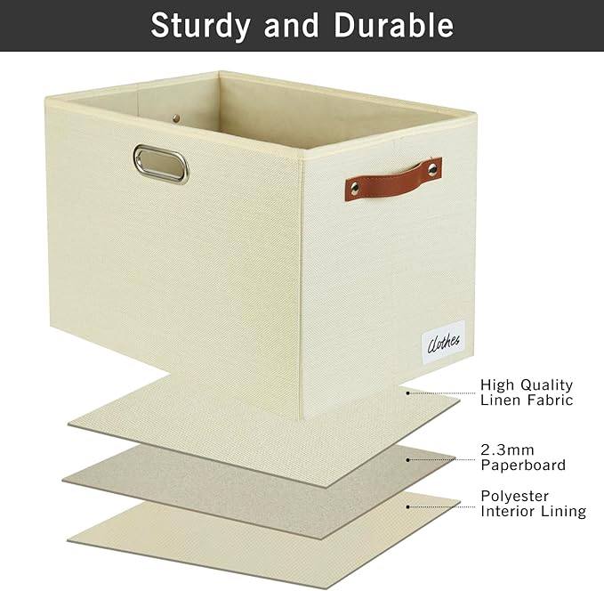 3-Pack Foldable Fabric Storage Bins with Durable PU & Metal Handles , Collapsible Storage Baskets for Shelves, Home Storage, Closet Organizers, Living Room(17"x11.8"x11.8", Beige)