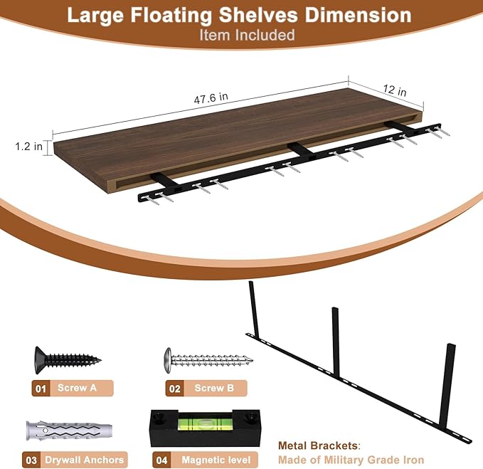 48 Inch Floating Shelf 3 Pack Large Floating Shelves for Wall No Drilling Accessories Included Deep Wall Shelves for Living Room Kitchen Farmhouse 48" W x 12" D x 1.2" Walnut
