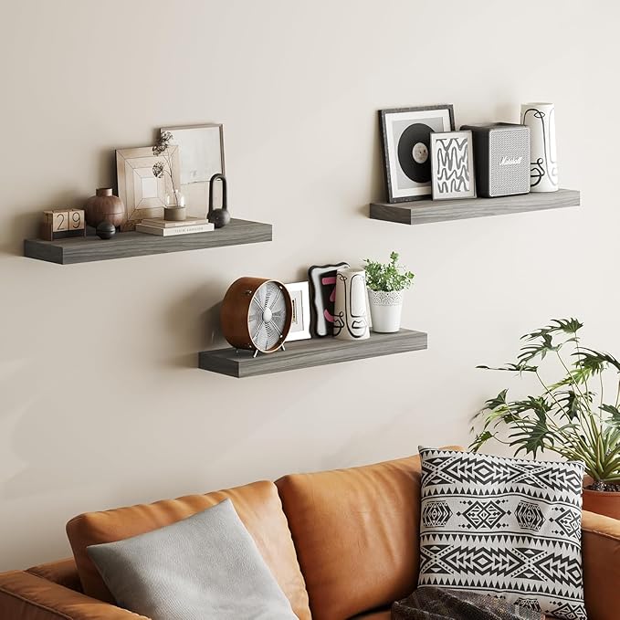 BAMEOS Floating Shelf,Wall Shelf,Decor Wall Mounted Shelves,Hanging Shelf Set of 3,L24xW6 for Bathroom Kitchen Living,Kitchen,Room Bedroom Storage,Walnut