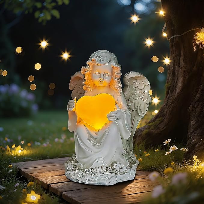 Angel Statues for Garden, Solar Angels for Outside with Glowing Heart & Cemetery Decorations for Grave, Yard Art Patio Balcony & Lawn Ornaments Gifts for Mom Grandma Women