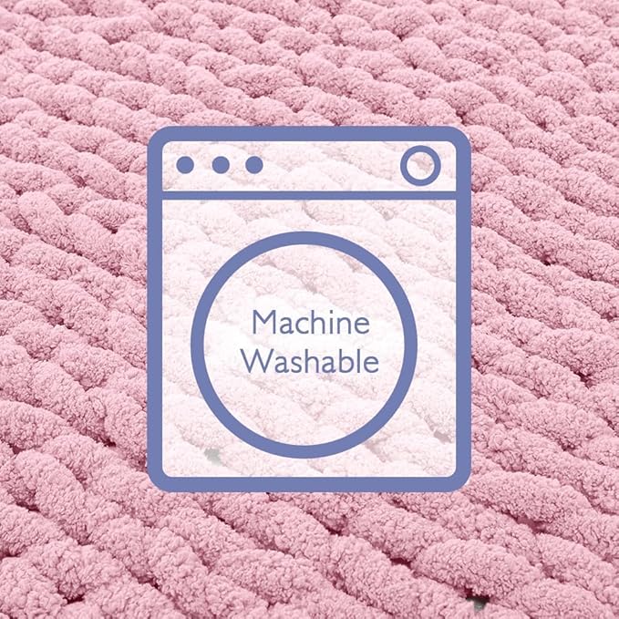 Bigacogo Chunky Knit Throw Blanket for Couch, 40x80 inches, 100% Hand Knitted with Thick Jumbo Chenille Yarn, Cozy Soft Large Rope Knot Cable Crochet Blankets for Sofa Bed Living Room, Blush Pink