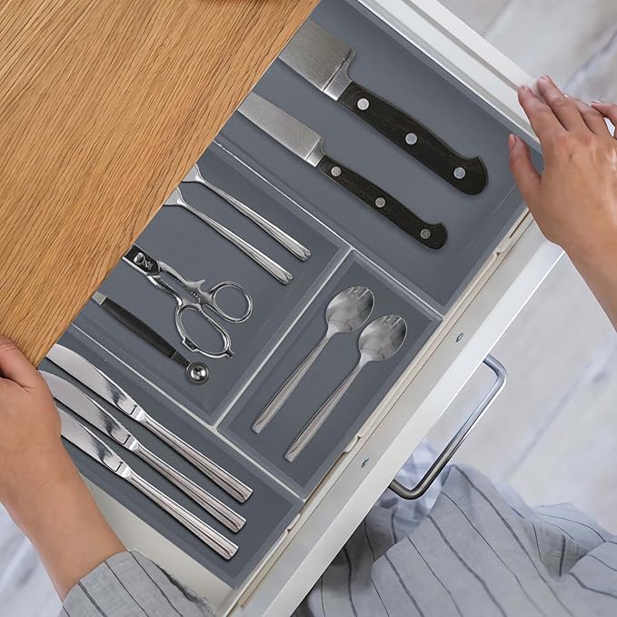 Bamboo Drawer Organizer - Kitchen Utensil Organizer Silverware Tray Cutlery Holder，Office Desk Supplies and Accessories,12 * 5.9 * 2.6,Grey