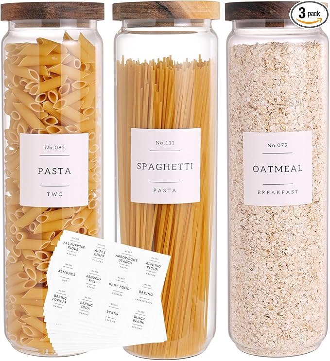 3 Set Glass Pantry Storage Jars with Acacia Airtight Lid - 50oz Thicken Glass Kitchen Canisters with 132 Pantry Labels - Tall Food Storage Containers with Wood Lid for Pasta,Spaghetti,Cereal