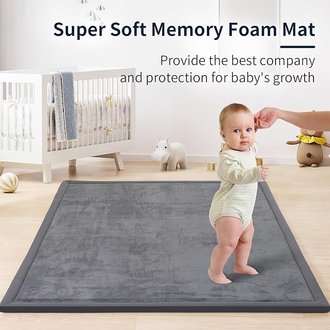 ACOMOPACK Baby Play Mat for Floor 1.3" Thick Memory Foam Play Mat 79"×157" Tummy Time Crawling with Non-Slip Bottom for Living Room,Nursery,Soft Velvet Playpen Mats for Kids,Infants（Dark Grey）