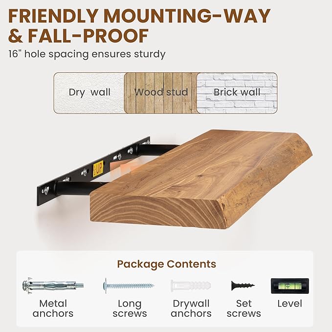72" Floating Shelves, Live Edge Elm Wood Floating Shelf for Wall, Wall-Mounted Display Shelves with Invisible Heavy-Duty Bracket, Long Floating Shelf for Bathroom, Kitchen, Living Room, Natural Color