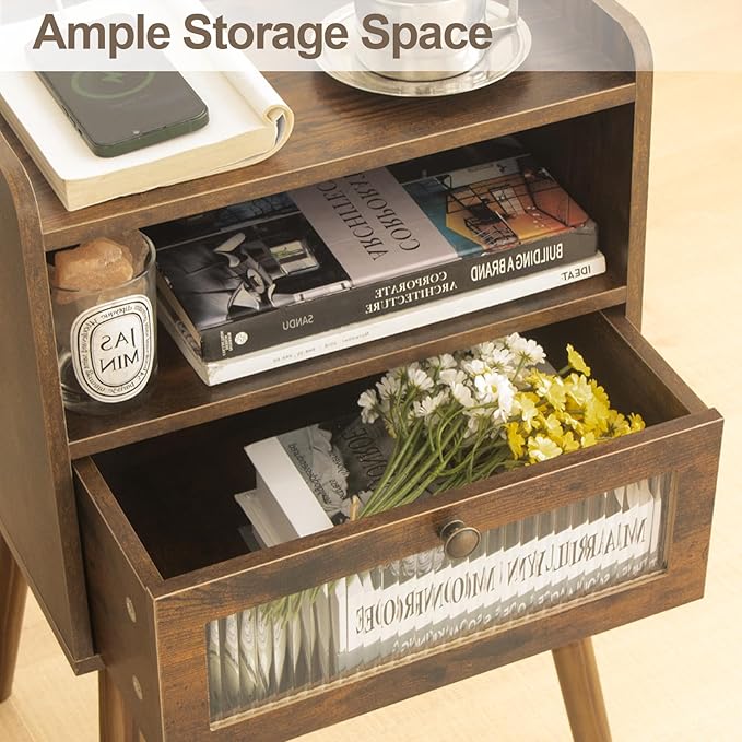 AWASEN Mid Century Night Stand with Charging Station, Wood Bedside Table with Glass Drawer, Small Modern Nightstand End Side Table with 2 Tiers Storage for Bedroom, Office(Rustic Brown)