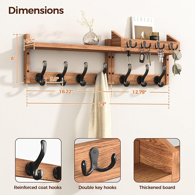 29" Coat Rack Wall Mount with Shelf, 4 in 1 Wall Mounted Coat and Key Hanger with 11 Hooks, Entryway Key Holder with Mail Holder for Living Room, Bedroom