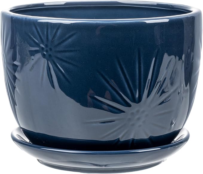 MyGift 7 Inch Round Blue Ceramic Plant Pot with Drainage Hole and Attached Saucer, Modern Decorative Embossed Sunburst Planter Container for Indoor Home Garden