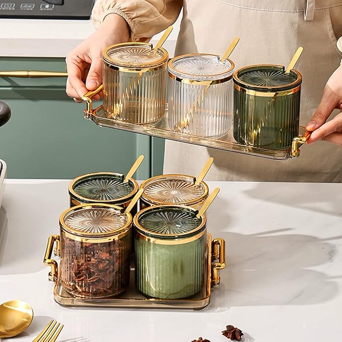 Acrylic Condiment Spice Jars,Condiment Spice Box With Lids and Spoons and Tray,Clear Plastic Sugar Salt Canisters,Seasoning Box 4 Pack,Seasoning Box Set for Kitchen to Storage Salt,Paprika,Sugar