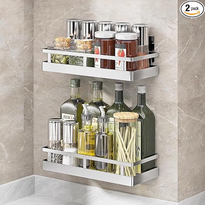 2PCS Kitchen Spice Rack, SUS304 Stainless steel Wall Mount Storage Rack, Seasoning Container, 11.8Inch Spice Organizer, Kitchen Seasoning Hanging Rack, Bathroom Shelf for Storing Toiletries
