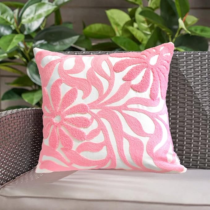 Alysheer Farmhouse Floral Leaves Embroidered Decorative Throw Pillow Cover 18x18 inches, Boho Tufted Flowers Embroidery Pattern Chic Cotton Cushion Case for Couch Bed Sofa Living Room(Light Pink)