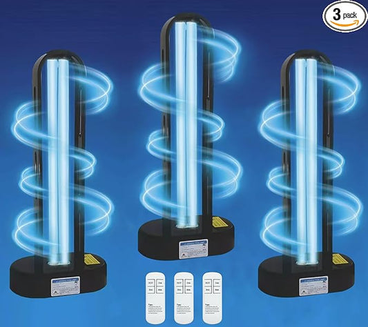 BAIMNOCM 3 Pack 38W UV Light Sanitizer, UVC Germicidal Lamp with Remote Control, UV Disinfection Light Bulb for Basement/Bedroom/Kitchen (2 Ozone Free + 1 Ozone)
