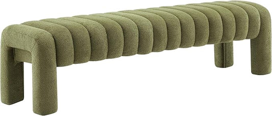 63" Bedroom Bench, Upholstered Entryway Bench, Modern End of Bed Ottoman with Solid Wood Legs and Adjustable Foot Pegs for Entryway, Dining Room and Living Room, 440lbs (Green Boucle)