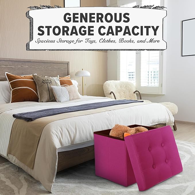 LINMAGCO Storage Ottoman Folding Foot Stool Foot Rest with Side Pocket Modern Ottoman with Storage Short Sofa Stool Linen Cloth 17x13x13(ROSEO)