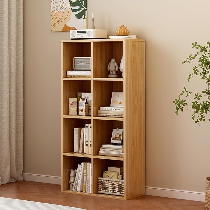 8-Cube Storage Shelf Bookcase - Wooden 4-Tier Floor Standing Open Bookshelf for Home and Office, Display Cabinet, Oak