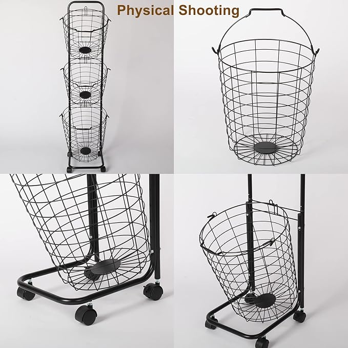 3 Tier Laundry Basket with Rolling Lockable Wheels Wire Metal Sorter Storage Trolley Shelf Basket Durable Metal Sorter Clothes Storage Trolley Shelf with Removable Hamper for Organizing Clothes