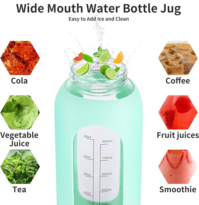 32 oz Glass Water Bottle with Straw and Handle, Sports Motivational Water Flask with Silicone Sleeve, Large Leakproof Water Flask Cup with Time Marker for Travel, Gym, Dark Purple