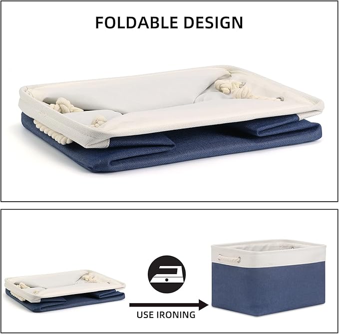 Bidtakay Storage Baskets Collapsible [3-Pack] Decorative Storage Bins with Cotton Rope Handles 15 X 11 X 9.5 Inch Organizing Baskets for Shelves Clothes Closet Navy Blue Baskets for Gifts Empty