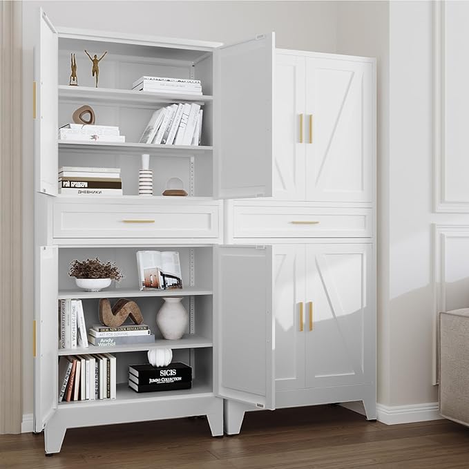 71 "Farmhouse Metal Filing Cabinet with a Drawer and 4 Adjustable Shelves, with 4 Large barn Door White Kitchen Cabinets, Metal Food Cabinets for Home, Kitchen, Dining/Living Room (White)