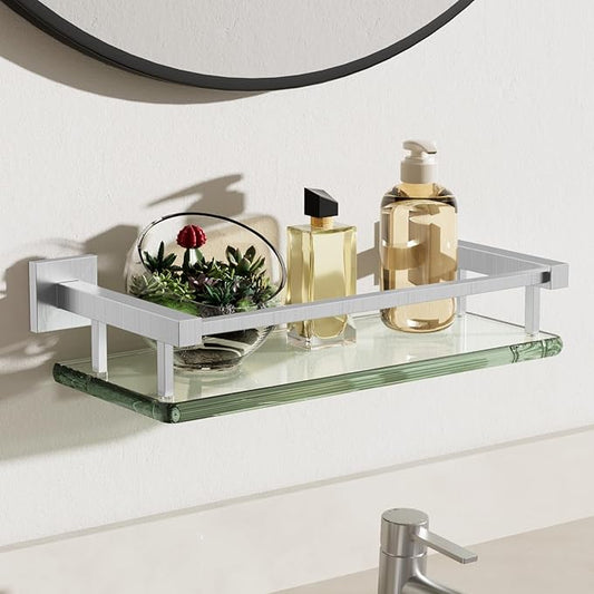 Alise Glass Shelves for Bathroom Wall, Tempered Glass Bathroom Shelf Wall Mounted, Modern Space Saving Floating Shelves 12 inch, Brushed Nickel