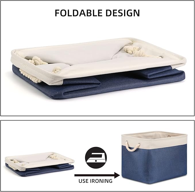 Bidtakay Fabric Storage Baskets with Handles for Organizing 16" x 11.8" x 11.8" Navy Blue Baskets [2-Pack] Shelf Baskets Large Canvas Collapsible Bins for Closet (White&Blue)