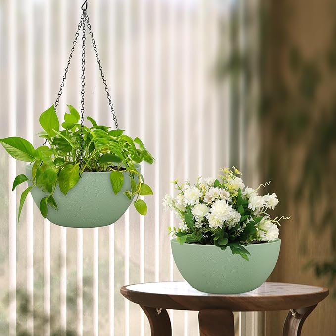 8 inch Small Hanging Planters Plant Pots for Indoor Outdoor Plants, 2 Pack Hanging Flower Pots with Drainage Holes and Chain for Garden Porch, Plastic Hanging Baskets for House Plants, Green