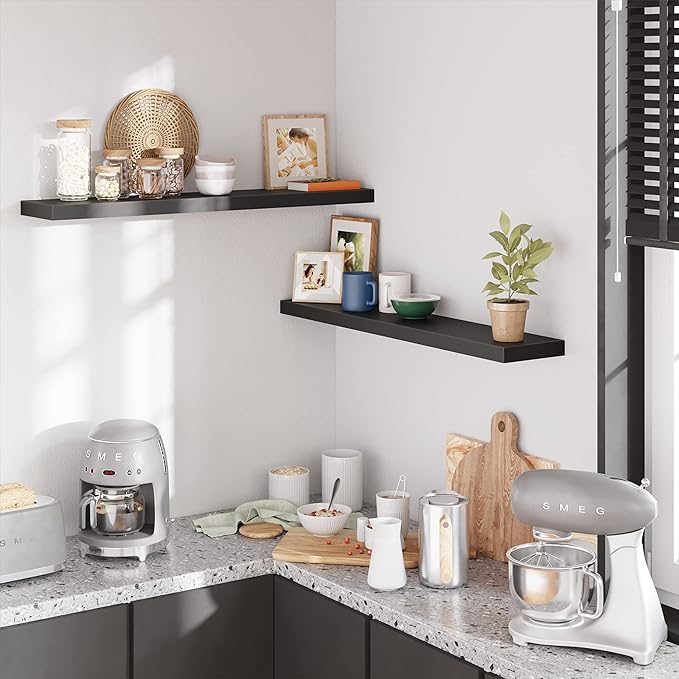 BAMEOS Floating Shelves, Black Wall Mounted Wooden Shelves with Invisible Brackets Set of 2,47 x 9