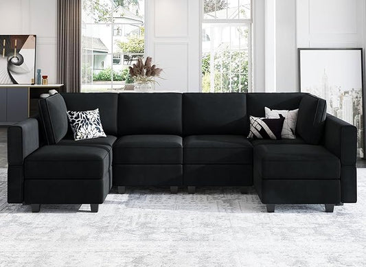 Belffin Modular Reversible Sectional Sofa U Shaped Couch with Storage Seat with Chaise Velvet Black