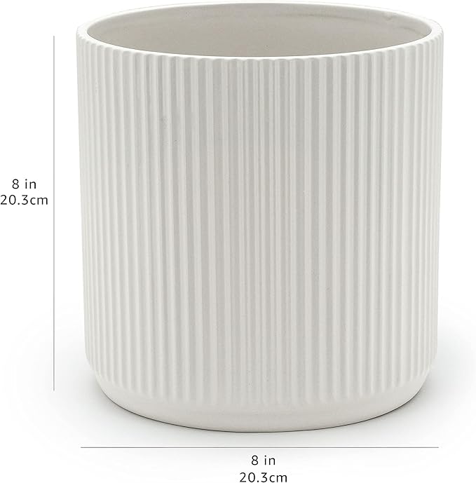 Amazon Basics Fluted Ceramic Round Planter, 8-inch, White